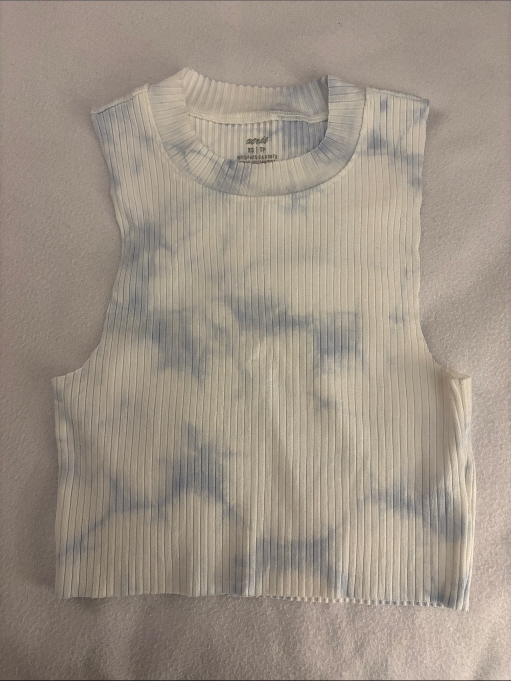 aerie Ribbed Crewneck Cropped Tank in White with Light Blue Wash
